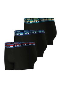 Trois paires de boxers noirs avec des ceintures élastiques contrastantes portant le mot "ATHENA" en lettres majuscules.