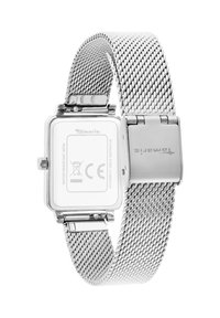 Silberne rechteckige Uhr mit einem Armband aus Edelstahl-Mesh, ausgestattet mit einem transparenten Gehäuseboden und versehen mit Marken- und CE-Symbolen. Wasserdicht.