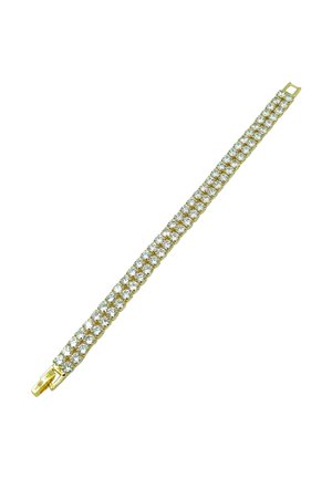 Bracciale color oro con una fila di cristalli trasparenti rotondi, chiuso con una chiusura. Design elegante con superficie lucida e riflettente.
