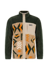 Fleecejacke mit dunkelgrünen Ärmeln, beiger Front mit geometrischen Mustern in Orange, Grün und Weiß, Reißverschluss und einer Brusttasche mit Logo.