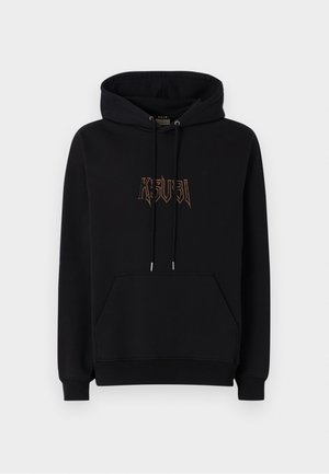 Black hoodie made of cotton, featuring a kangaroo pocket, drawstring hood, and embroidered logo in a contrasting color on the front.