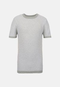 T-shirt a maniche corte di colore grigio chiaro con un motivo zigzag testurizzato, dotato di scollatura rotonda e rifiniture a costine grigie a contrasto sulle maniche.