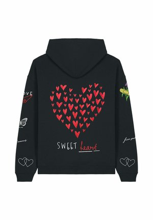 Black hoodie featuring a large red heart design on the back, surrounded by smaller hearts and text. Detailed embroidery on sleeves.