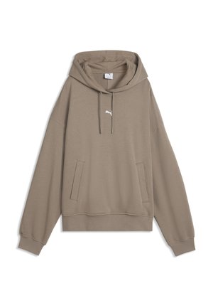 Sweat à capuche couleur taupe avec manches longues, poches kangourou, capuche à cordon de serrage et petit logo Puma blanc sur la poitrine.