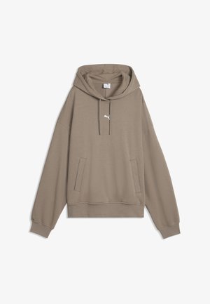 Felpa con cappuccio color talpa con maniche lunghe, tasche a marsupio, cappuccio con coulisse e piccolo logo bianco Puma sul petto.