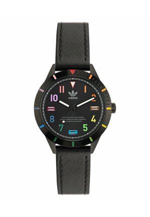 Black analog watch with colorful hour markers and hands. Features a textured black leather strap and a black case with a patterned bezel.