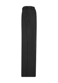 Pantalon noir sur mesure avec fines rayures verticales blanches, passants de ceinture, poches latérales et coupe droite slim.