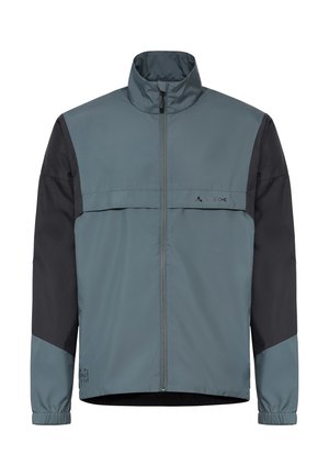 Herren-Sportjacke mit hohem Kragen, durchgehendem Frontreißverschluss, in dezenten Blau- und Schwarztönen, elastischen Bündchen und kleinem Logo auf der Brust.