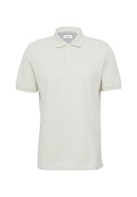 Lichtbeige polo shirt met korte mouwen, kraag, twee knoopsluitingen en een subtiel logo. Zacht katoenen stof met geribbelde textuur.