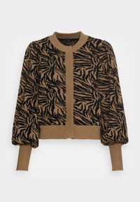 Brun stickad cardigan med svart tigerstrimmigt mönster, puffärmar och ribbade manschetter. Ingen stängning;  öppen framdesign.