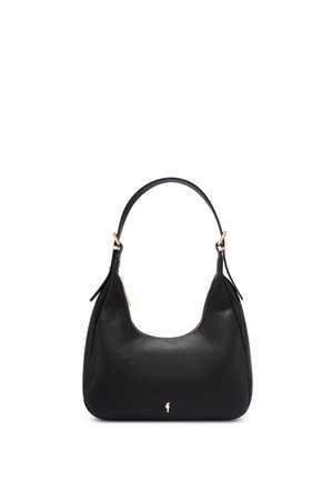 Czarna skórzana torba na ramię z pojedynczym paskiem, złotymi detalami zamka błyskawicznego i małym złotym logo na dolnym środku.