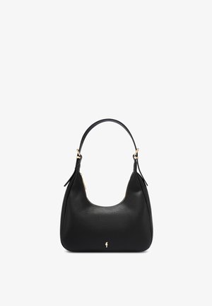 Czarna skórzana torba na ramię z pojedynczym paskiem, złotymi detalami zamka błyskawicznego i małym złotym logo na dolnym środku.