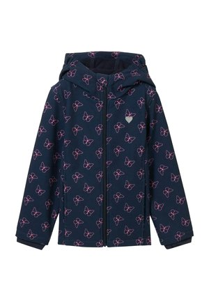 Granatowa kurtka zapinana na zamek z kapturem, ozdobiona różowymi motywami motyli oraz małym emblematem serca na piersi. Miękka tkanina.
