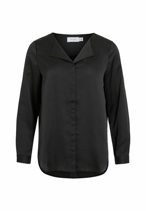 Blouse noire à manches longues, en tissu lisse, dotée d'un col en V, d'une fermeture à boutons sur le devant et d'une ourlet arrondi.