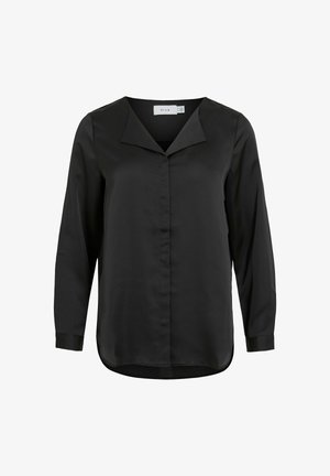 Blusa negra de manga larga, hecha de una tela suave, con un cuello en v, cierre frontal de botones y dobladillo curvado.