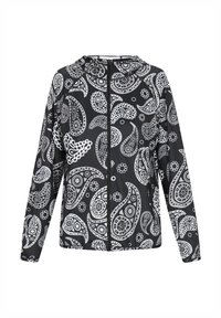Jachetă neagră ușoară cu glugă, având un model alb paisley și designuri circulare, cu închidere cu fermoar și mâneci lungi. Textură netedă.