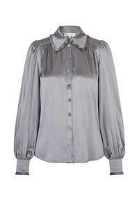 Silberne Satinbluse mit Rüschenausschnitt, Knopfleiste und puffigen �Ärmeln. Verfügt über gerippte Akzente an den Ärmelsäumen.