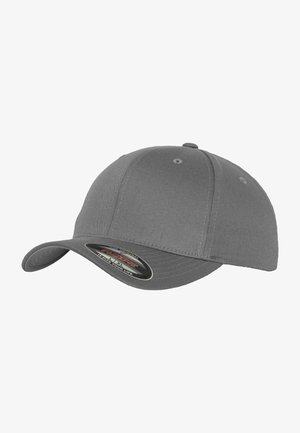 Cappellino da baseball grigio con un design strutturato, materiale flessibile e visiera curva. Presenta un adesivo logo nero sulla visiera.