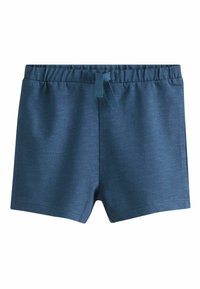 Shorts bleus pour tout-petit avec taille élastique et cordon de serrage, confectionnés en tissu doux, présentés à plat sur un fond blanc.