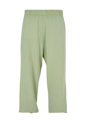 Gaiši zaļas, brīvi pieguļošas bikses, izgatavotas no mīksta auduma. Tām ir elastīga josta un saīsināts garums, nav redzamu kabatu vai rakstiem.