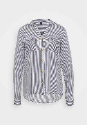 Gestreifte Hemd mit Button-Down-Kragen in marineblau und weißen vertikalen Streifen, zwei Brusttaschen und goldenen Knöpfen. Lange Ärmel mit Manschettendetails.