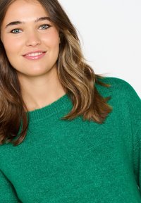 Maglione verde a maglia con scollo rotondo, tessuto texturizzato e polsini a coste. Il modello ha lunghi capelli con morbide onde.