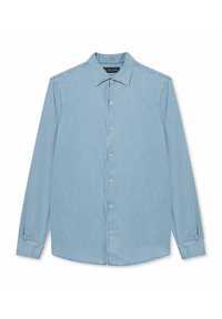 Světle modrá denimová košile s dlouhými rukávy, límcem s špičkou, předním zapínáním na knoflíky a manžetami na knoflíky. Měkká textura a ležérní design.