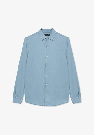 Hellblaues Denimhemd mit langen Ärmeln, Punktkragen, vorderer Knopfleiste und geknöpften Manschetten. Weiche Textur und lässiges Design.