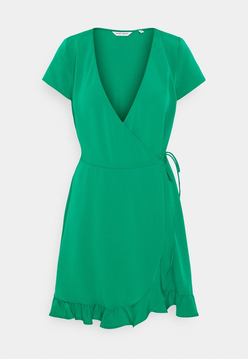 Robe portefeuille verte à manches courtes, col en V, lien sur le côté et détail volanté à l'ourlet.