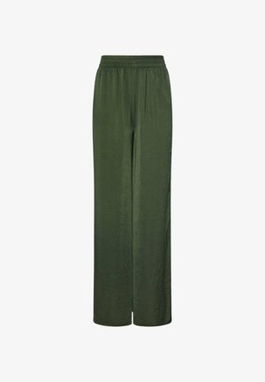 Zielone spodnie szerokie w nogawkach, wykonane z lekkiego materiału. Posiadają elastyczny pas i subtelną fakturę, o prostym kroju i pełnej długości.