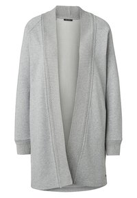 Cardigan grigio realizzato in materiale morbido. Design aperto davanti con colletto e polsini a coste. Maniche lunghe con vestibilità rilassata.