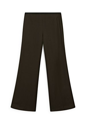Wide-leg pants in dark brown fabric with a smooth texture, featuring a black elastic waistband and no visible patterns or hardware.
