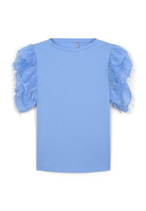 T-shirt azzurro chiaro con maniche corte in tulle arricciato. Tessuto morbido e design girocollo, con dettagli trasparenti e testurizzati sulle spalle.
