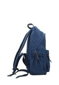Navy blue backpack with a structured, triangular shape, zippered side pocket, and adjustable straps. Made of durable fabric.