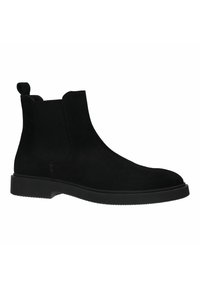 Zwarte suède enkellaars met elastische zijpanelen, een vlakke rubberen zool en een aantrekbandje aan de achterkant voor gemakkelijk aan- en uittrekken. Gladde textuur en ronde neus.