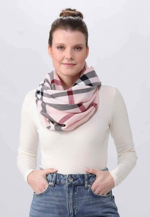 Checked scarf in pink, grey, and black, wrapped around neck, made of soft fabric, features overlapping plaid pattern and smooth texture.