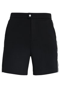 Svarta shorts i ett slätt tyg, med knappstängning och vita sidestreck. Skräddarsydd passform med rena linjer och midjhöjd.