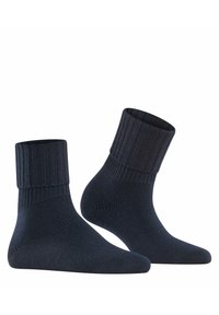 Calze in cotone blend di un blu scuro, con polsini a coste, una texture liscia e punta e tallone rinforzati per una maggiore durabilità. Design classico a altezza caviglia.