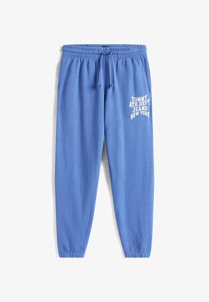 Blaue Sweatpants mit elastischem Bund und verstellbarem Kordelzug. Auf dem linken Bein befindet sich ein weißer Schriftzug: "TOMMY ATH. DEPT JEANS NEW YORK".