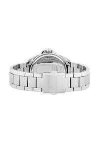 Montre en acier inoxydable avec une finition polie, dotée d'un bracelet en métal argenté, d'un boîtier rond et d'une fermeture à clapet simple au dos.