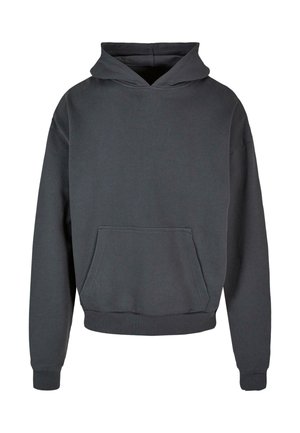 Czarna bluza z kapturem w kolorze ciemnoszarym, z przednią kieszenią, długimi rękawami i luźnym krojem. Wykonana z miękkiego materiału o gładkiej fakturze.