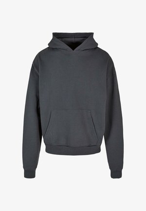 Czarna bluza z kapturem w kolorze ciemnoszarym, z przednią kieszenią, długimi rękawami i luźnym krojem. Wykonana z miękkiego materiału o gładkiej fakturze.