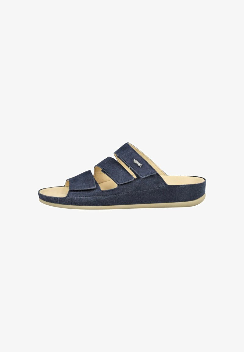 Marineblaue Wildleder-Sandalette mit offenem Zehenbereich, drei verstellbaren Riemen und beiger Sohle, entworfen für den Freizeitgebrauch.
