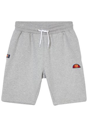 Short en coton gris clair avec taille élastique, cordon blanc, poches latérales et petit logo de marque sportive orange et rouge sur la jambe droite.
