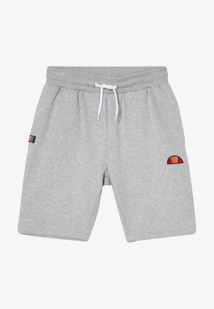 Lysegrå bomuldsshorts med elastisk linning, hvid snor, sidelommer og lille orange og rød sportsbrandlogo på højre ben.