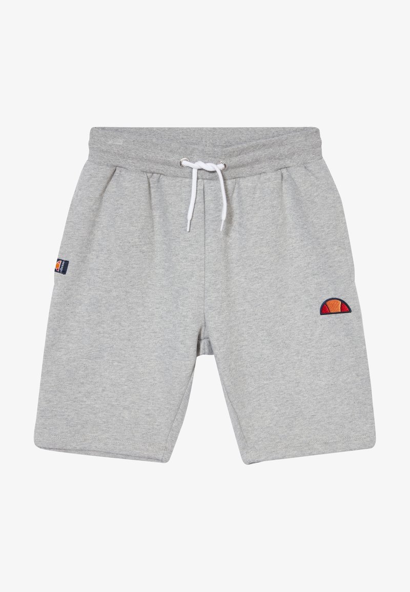 Short en coton gris clair avec taille élastique, cordon blanc, poches latérales et petit logo de marque sportive orange et rouge sur la jambe droite.