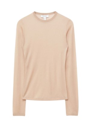 Beige langærmet rundhalset sweater med figursyet pasform, vist fladt mod en hvid baggrund.