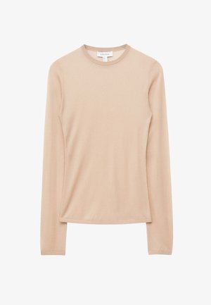 Beige langærmet rundhalset sweater med figursyet pasform, vist fladt mod en hvid baggrund.