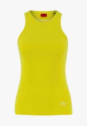 Gelbes geripptes Tanktop mit Rundhalsausschnitt und ärmellosem Design. Verfügt über einen weißen Logoakzent unten rechts. Hergestellt aus dehnbarem Stoff.