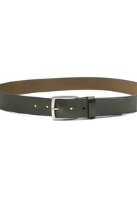 Olijfgroene leren riem met een zilveren rechthoekige gesp, voorzien van vijf gaten voor aanpassing en een gladde textuur.